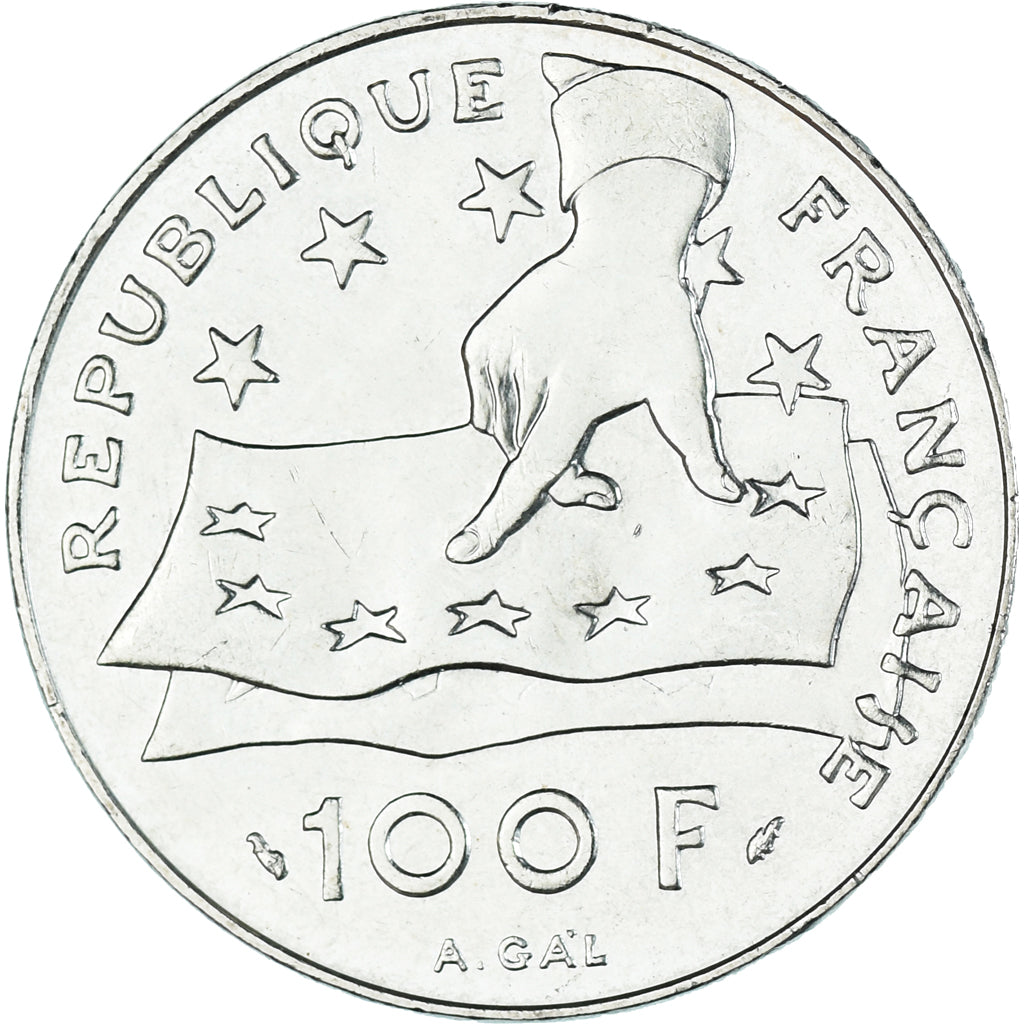 Moneta, Francja, Descartes, 100 Francs, 1991, Paris, MS(60-62), Srebro, KM:996