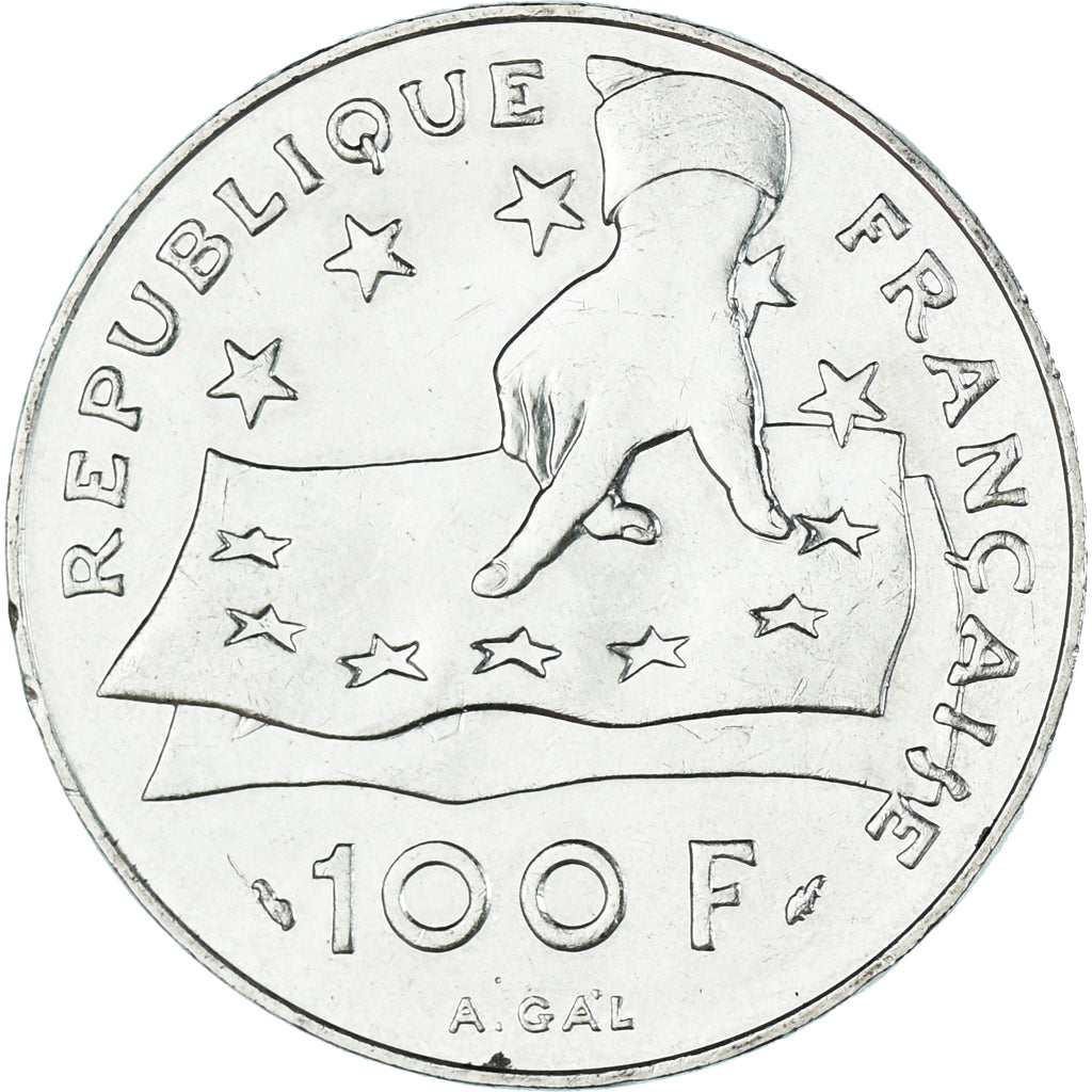 Moneta, Francja, Descartes, 100 Francs, 1991, Paris, MS(60-62), Srebro, KM:996