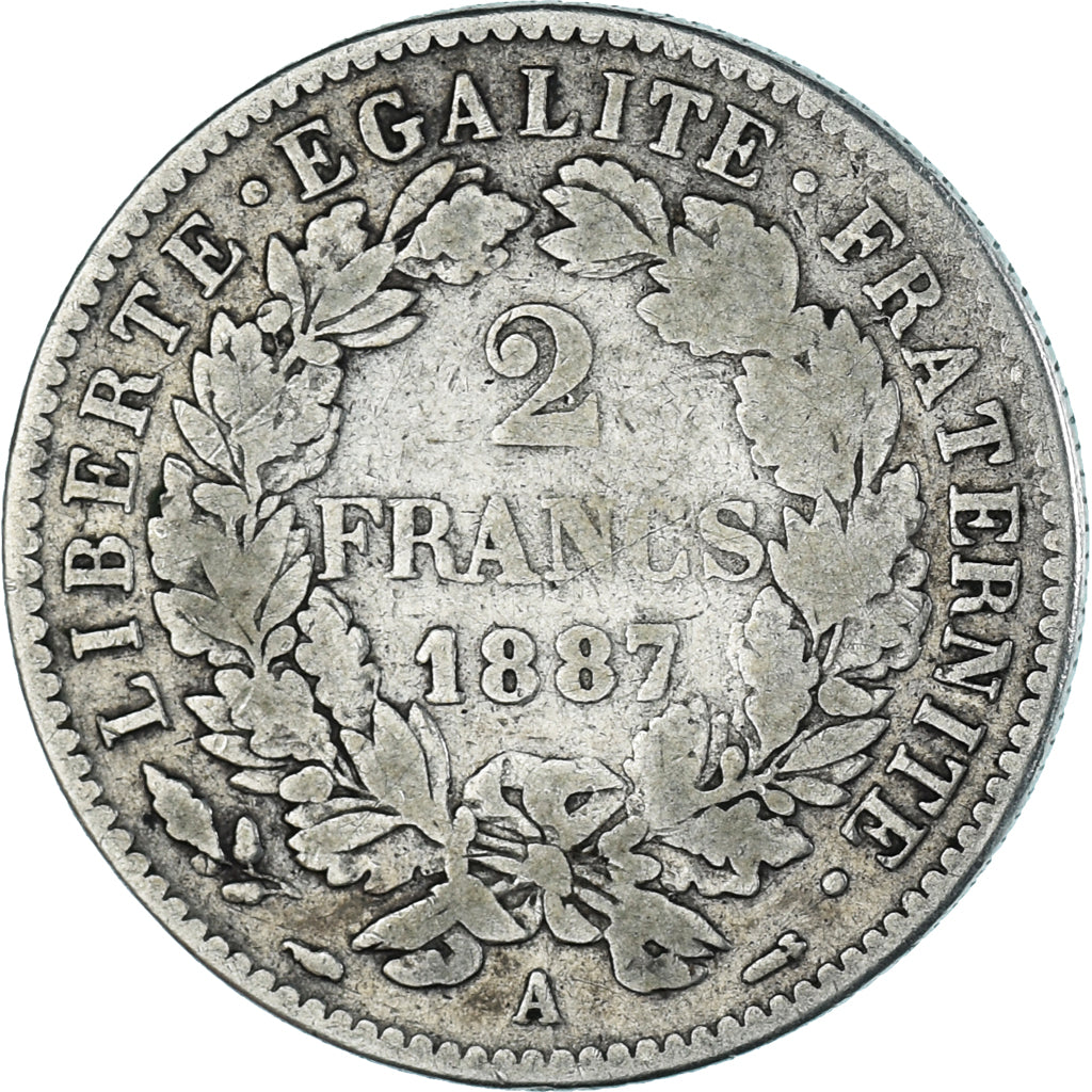 Coin, France, Cérès, 2 Francs, 1887, Paris, VF(20-25), Silver, KM:817.1