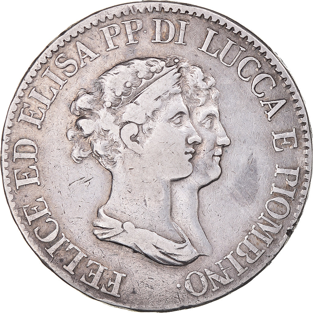 Moneta, STATI ITALIANI, LUCCA, Felix and Elisa, 5 Franchi, 1807, Firenze, MB+