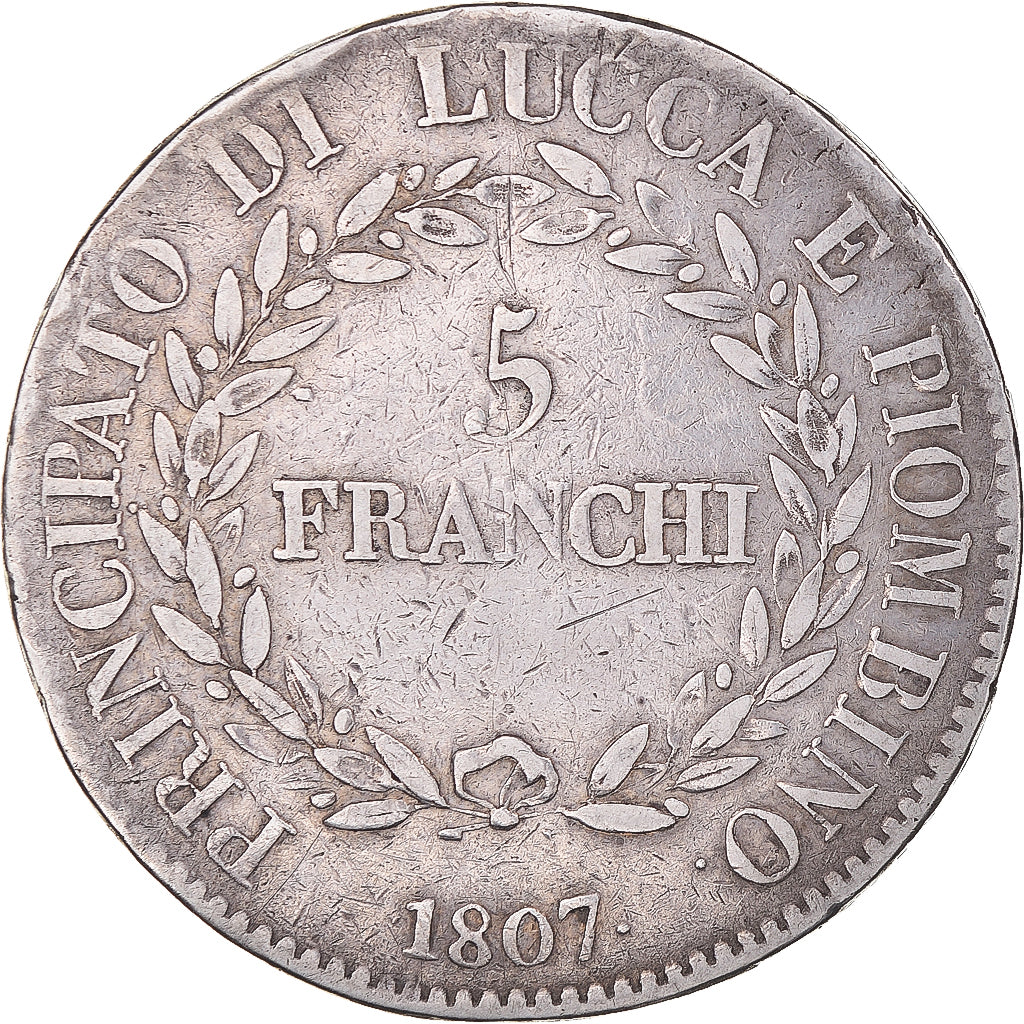 Moneta, STATI ITALIANI, LUCCA, Felix and Elisa, 5 Franchi, 1807, Firenze, MB+