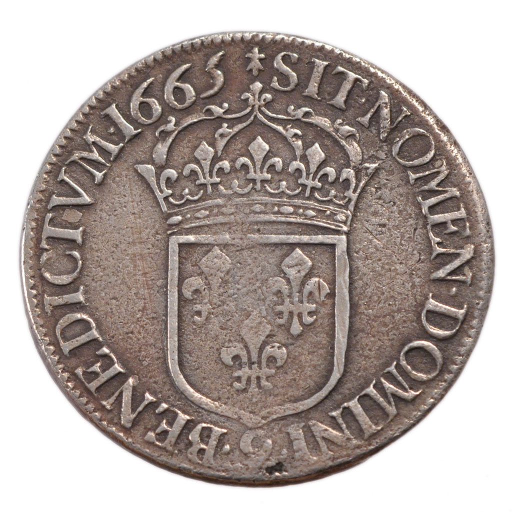 FRANCE, Écu au buste juvénile, ECU, 1665, Rennes, KM #211.5, VF(20-25), Silver,