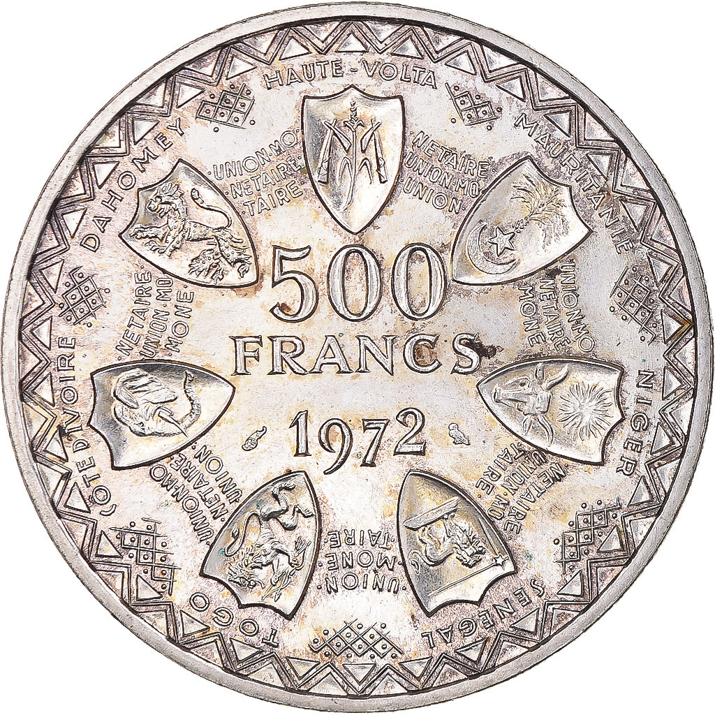 Coin, West African States, 500 Francs, 1972, AU(55-58), Silver, KM:7