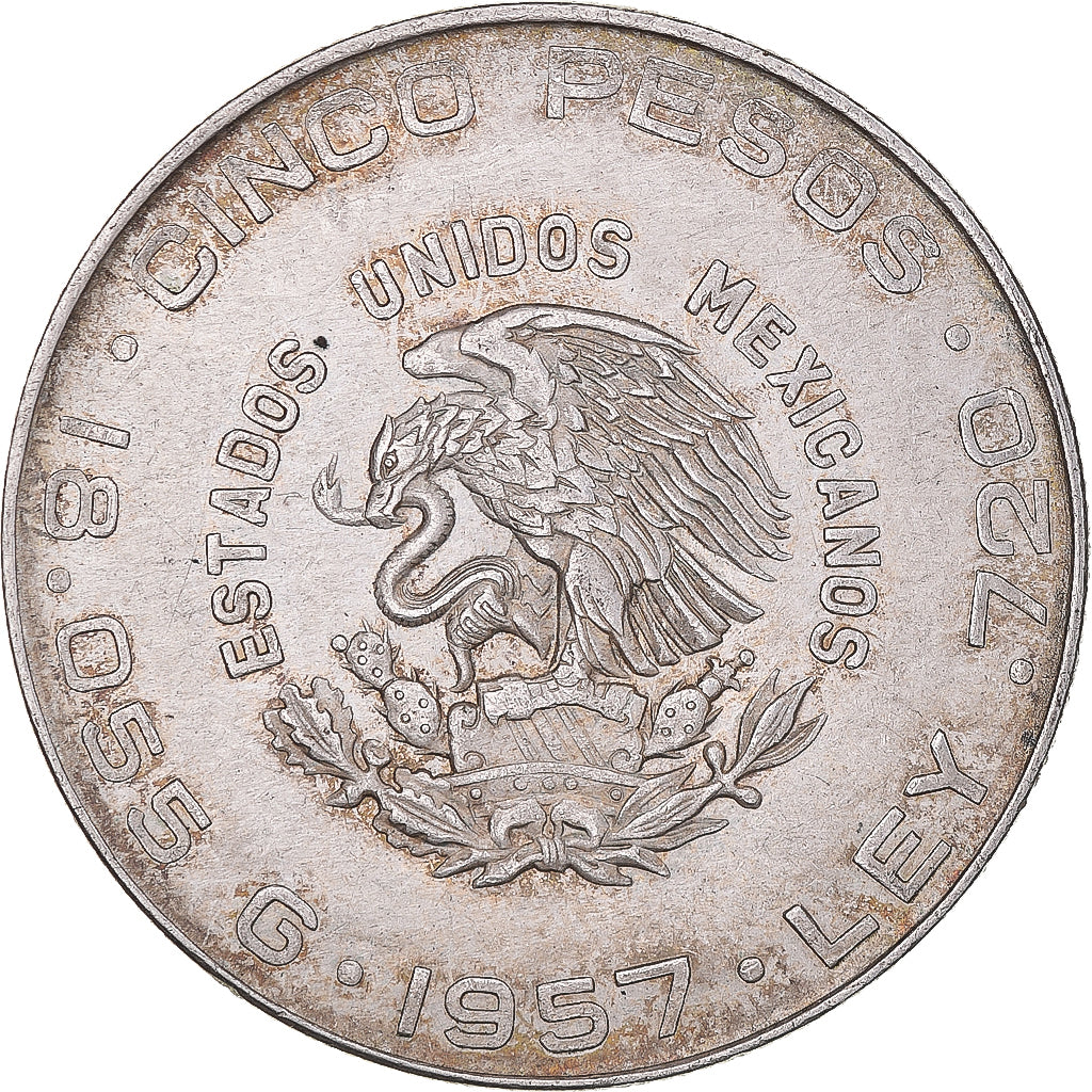 Moeda, México, 5 Pesos, 1957, Mexico City, AU(50-53), Prata, KM:469