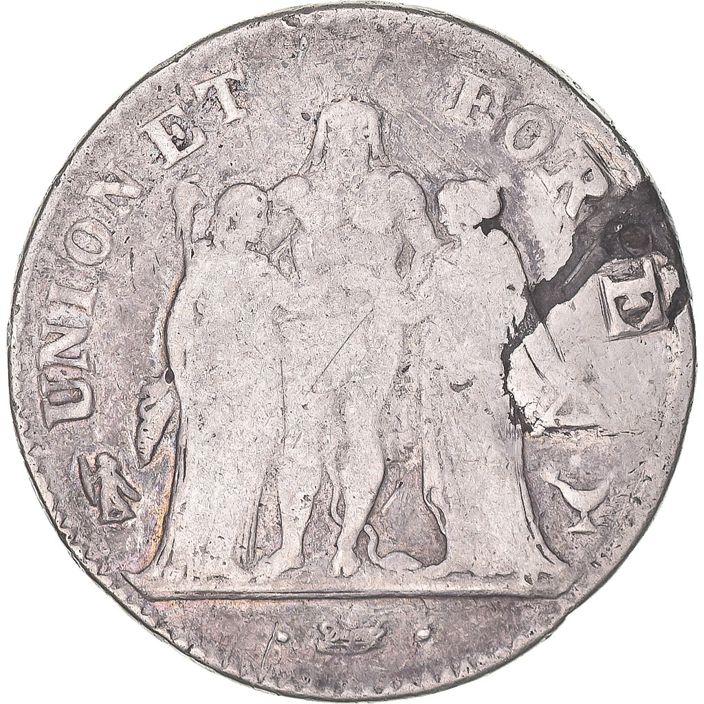 Moneda, Francia, Union et Force, 5 Francs, AN 6, Bordeaux, BC+, Plata, KM:639.5