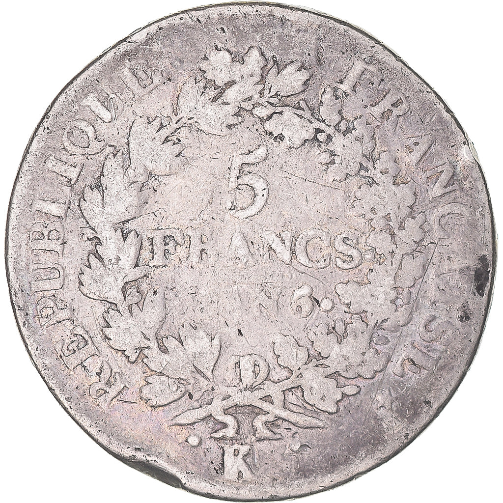 Moneda, Francia, Union et Force, 5 Francs, AN 6, Bordeaux, BC+, Plata, KM:639.5