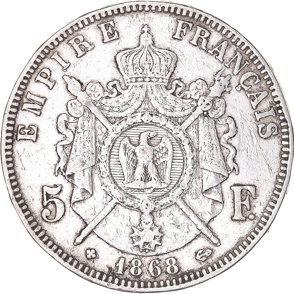 Moeda, França, Napoleon III, 5 Francs, 1868, Strasbourg, VF(30-35), Prata