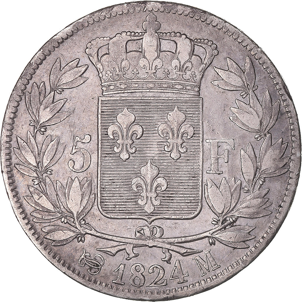 Munten, Frankrijk, Louis XVIII, 5 Francs, 1824, Toulouse, FR+, Zilver, KM:711.9