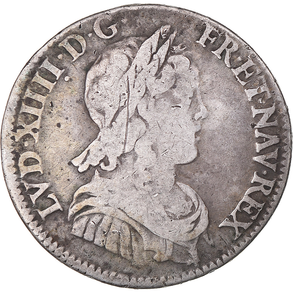 Moeda, França, Louis XIV, 1/4 Ecu mèche longue, 1647, Paris, VF(20-25), Prata