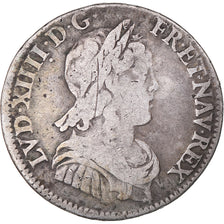 Moeda, França, Louis XIV, 1/4 Ecu mèche longue, 1647, Paris, VF(20-25), Prata