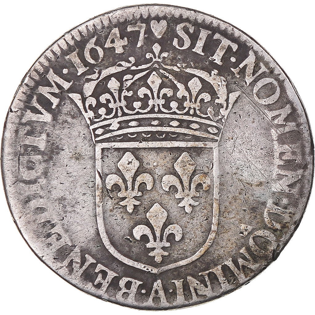 Moeda, França, Louis XIV, 1/4 Ecu mèche longue, 1647, Paris, VF(20-25), Prata
