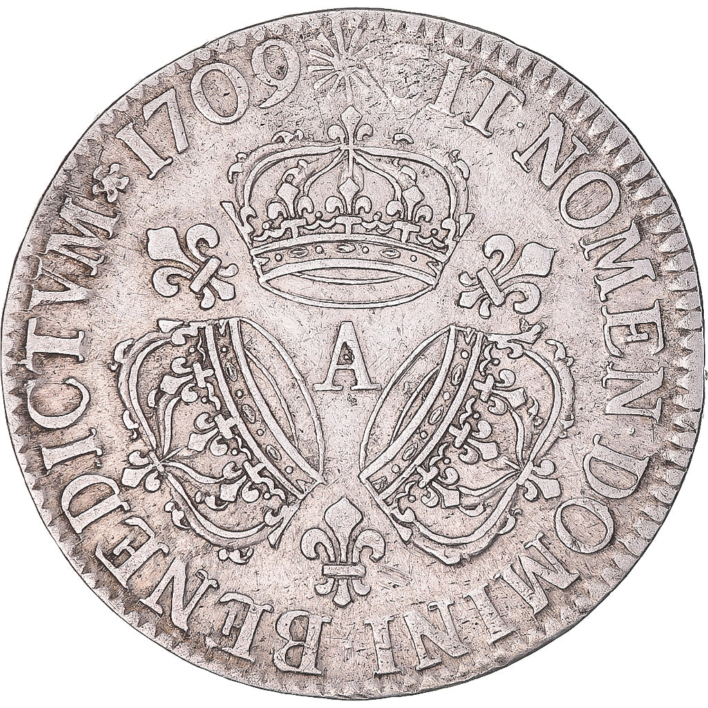 Moeda, França, Louis XIV, Ecu aux 3 couronnes, 1709, Paris, EF(40-45), Prata