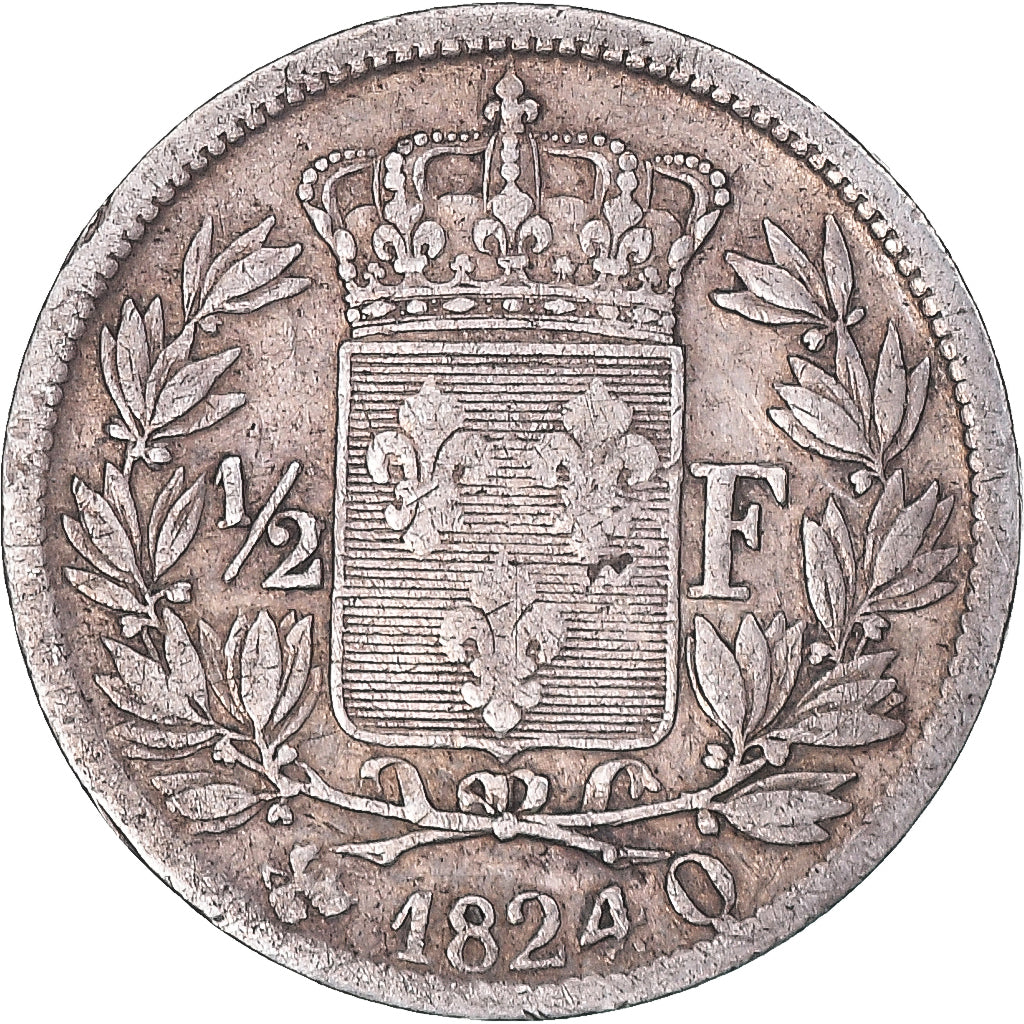 Moeda, França, Louis XVIII, 1/2 Franc, 1824, Perpignan, VF(20-25), Prata
