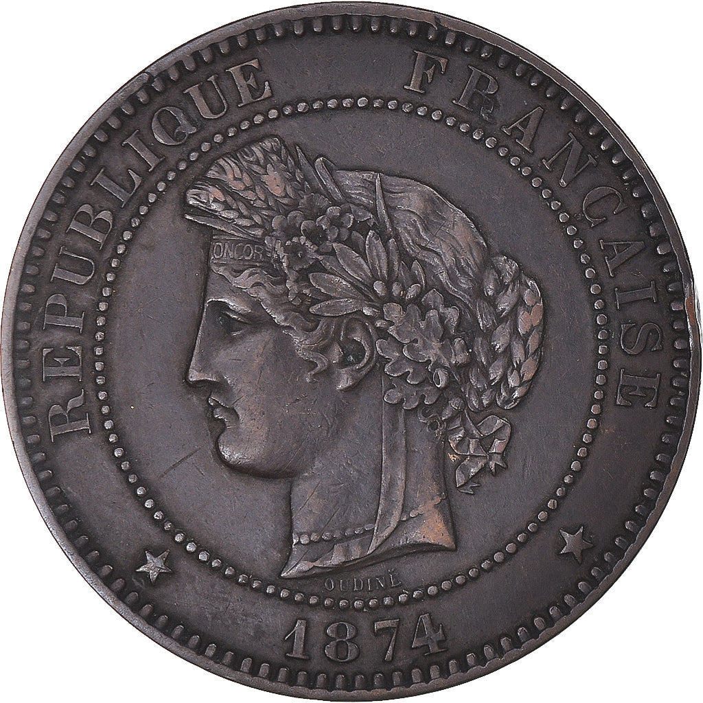 Moeda, França, Cérès, 10 Centimes, 1874, Bordeaux, AU(50-53), Bronze