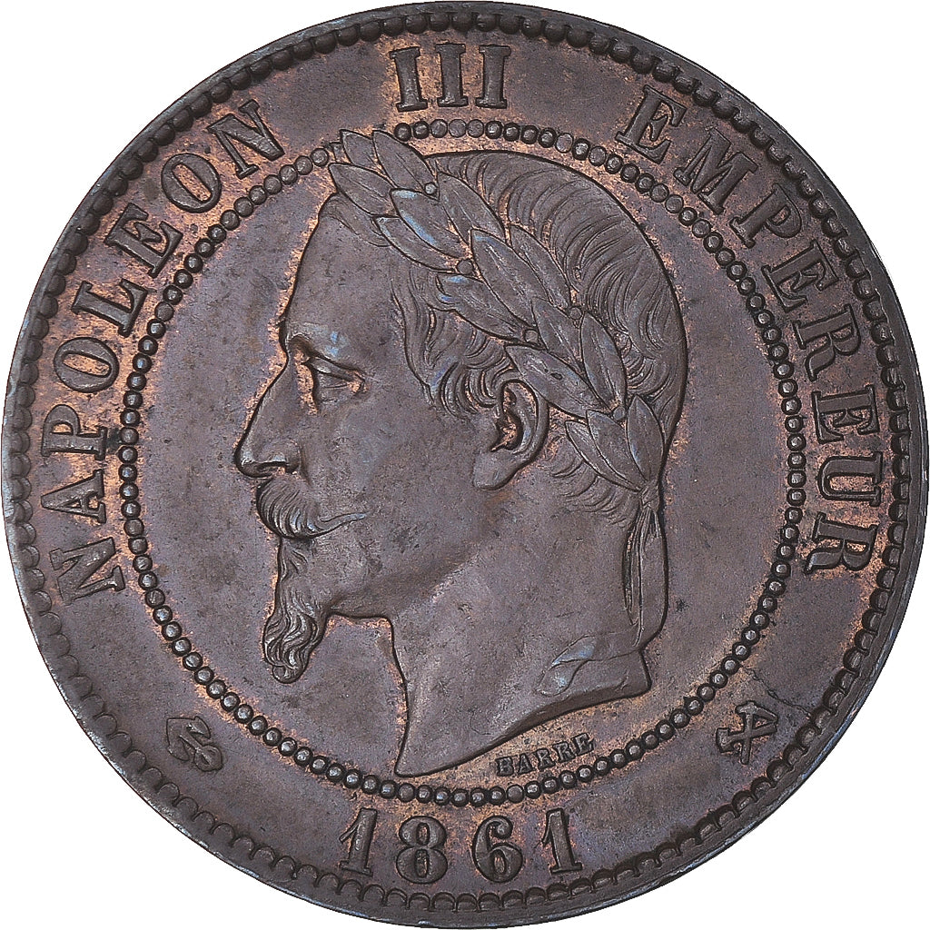 Moneta, Francja, Napoleon III, 10 Centimes, 1861, Bordeaux, AU(55-58), Brązowy