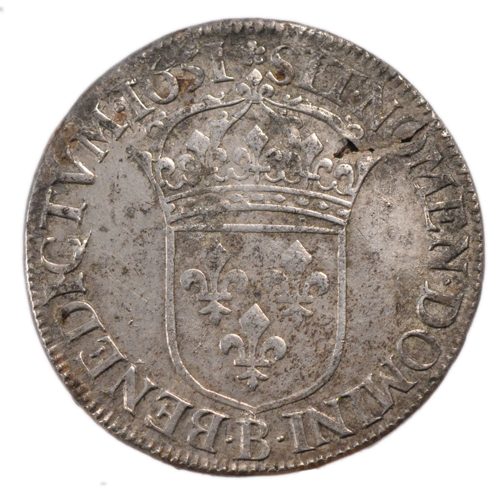 FRANCE, Écu à la mèche longue, ECU, 1651, Rouen, KM #155.2, EF(40-45), Silver, G