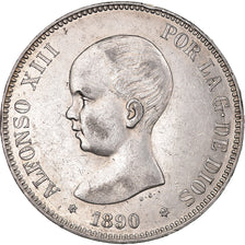 Moneda, España, Alfonso XIII, 5 Pesetas, 1890, Madrid, MBC+, Plata, KM:689