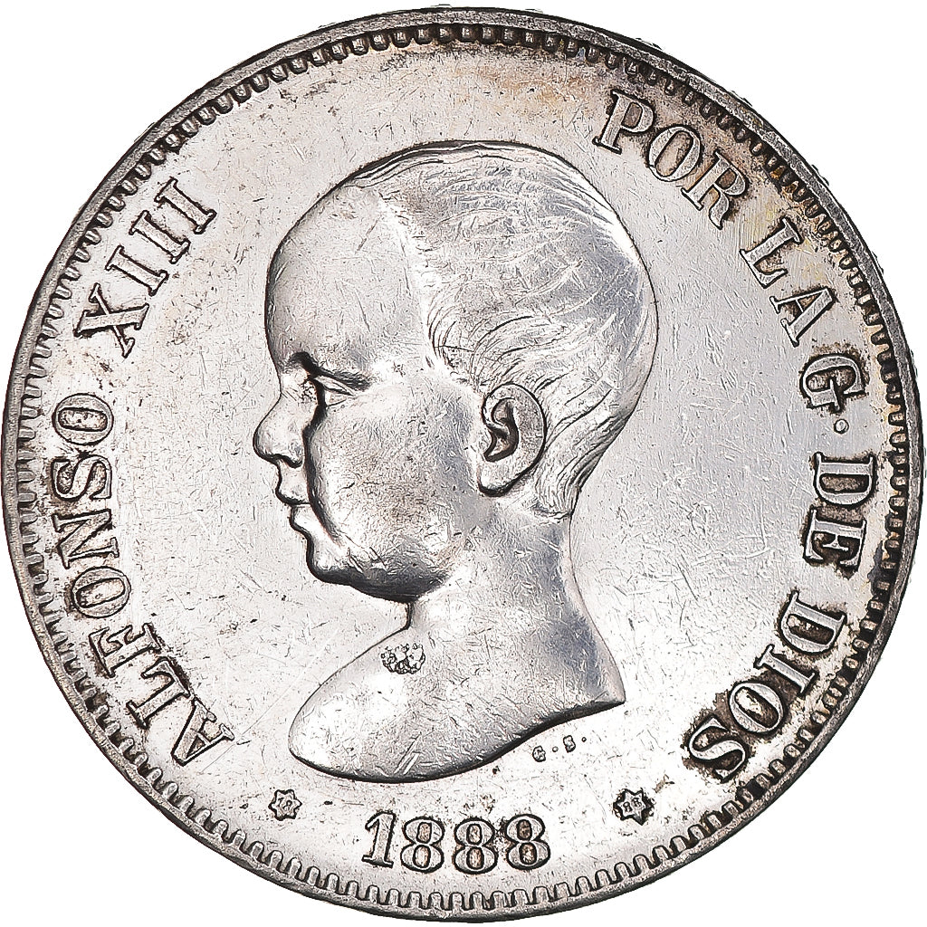 Moneda, España, Alfonso XIII, 5 Pesetas, 1888, Madrid, MBC+, Plata, KM:689
