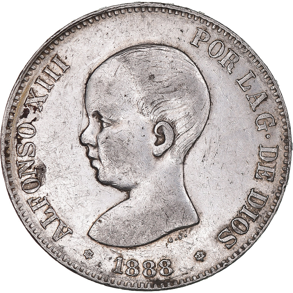 Moneta, Hiszpania, Alfonso XIII, 5 Pesetas, 1888, Madrid, AU(50-53), Srebro