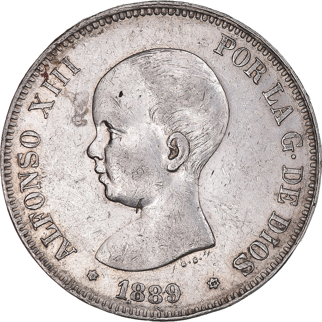 Moneta, Hiszpania, Alfonso XIII, 5 Pesetas, 1889, Madrid, AU(50-53), Srebro