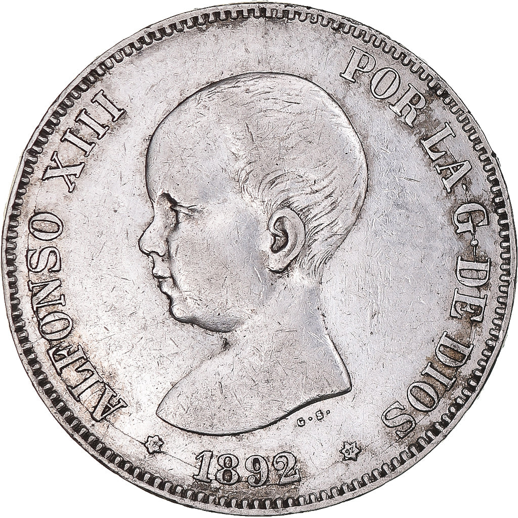 Moneta, Hiszpania, Alfonso XIII, 5 Pesetas, 1892, Madrid, EF(40-45), Srebro