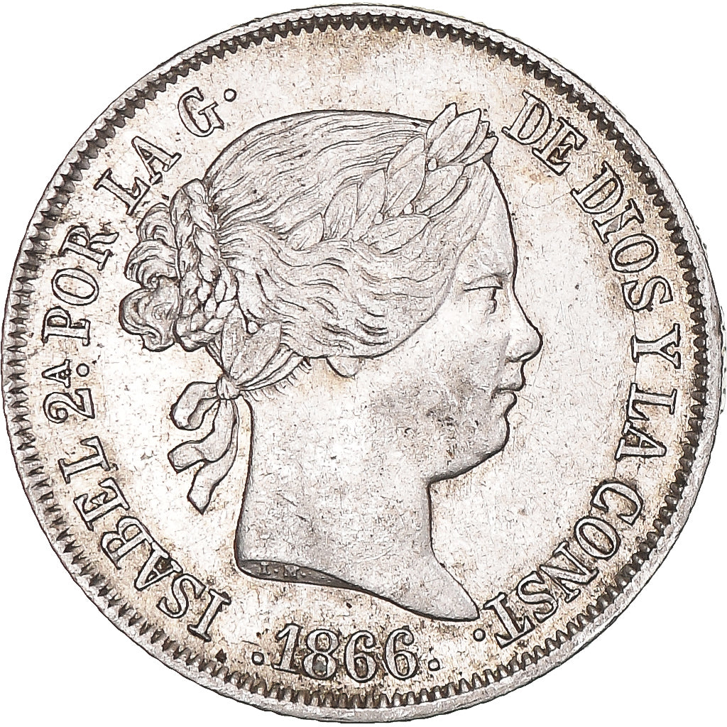 Moeda, Espanha, Isabel II, 40 Centimos, 1866, Madrid, AU(50-53), Prata, KM:628.2