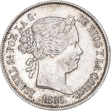 Moeda, Espanha, Isabel II, 40 Centimos, 1866, Madrid, AU(50-53), Prata, KM:628.2