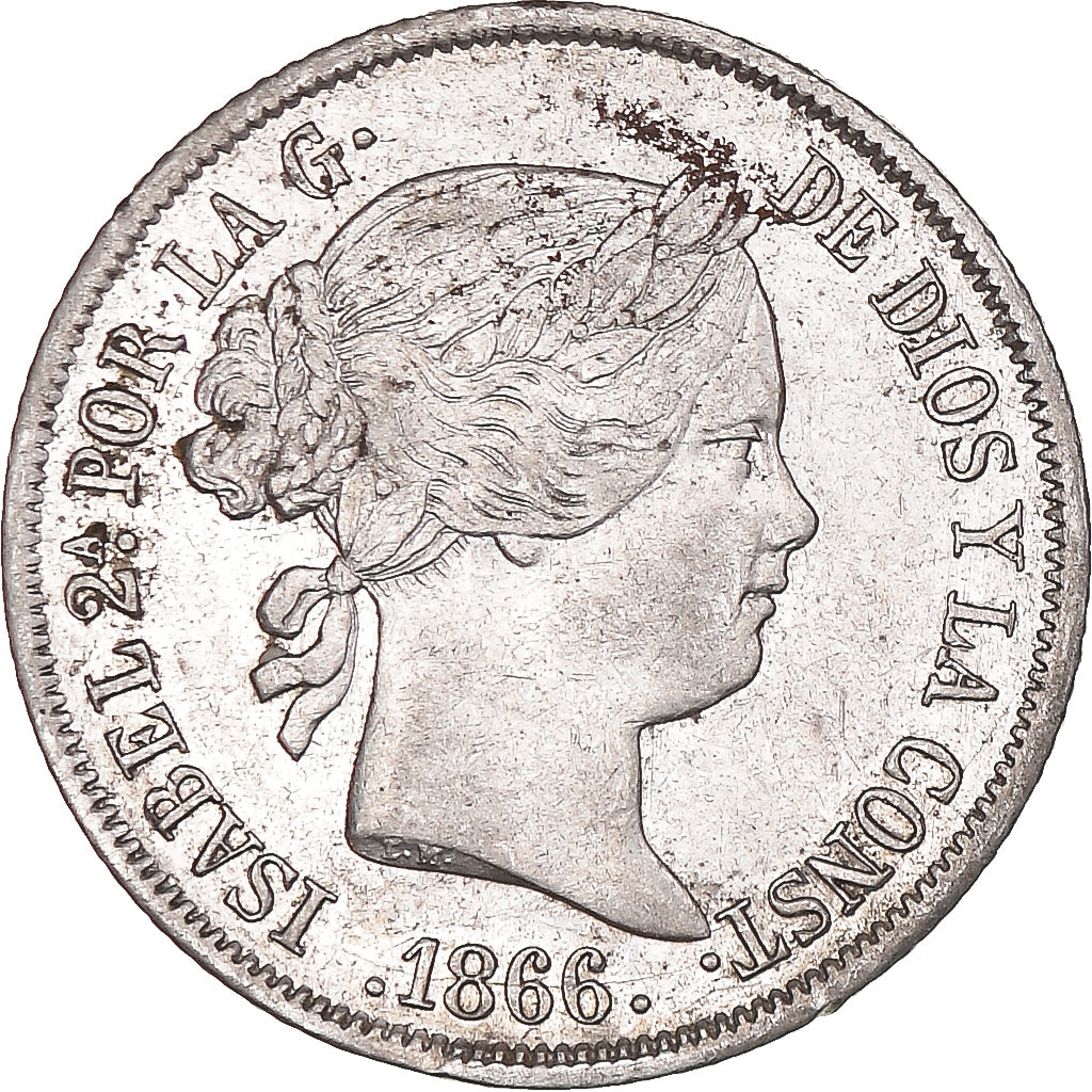 Coin, Spain, Isabel II, 40 Centimos, 1866, Madrid, AU(50-53), Silver, KM:628.2