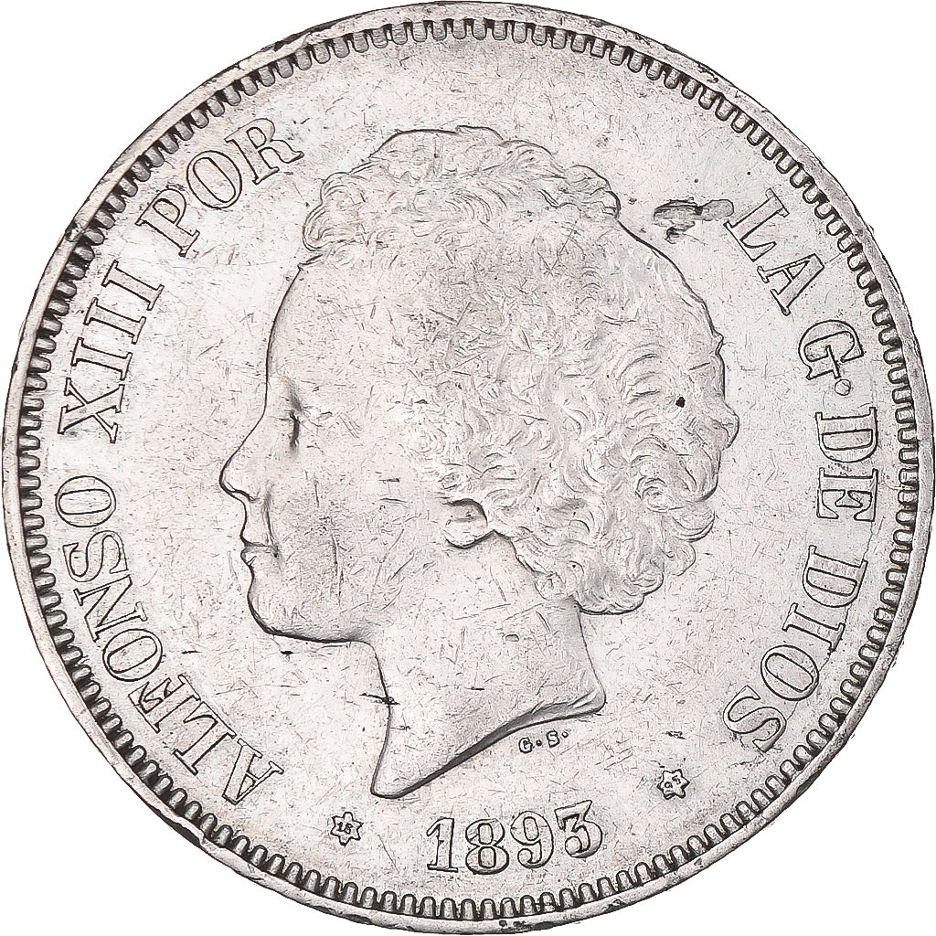 Moneta, Hiszpania, Alfonso XIII, 5 Pesetas, 1893, Seville, AU(50-53), Srebro