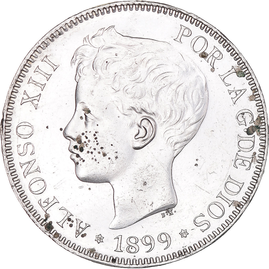 Moneta, Hiszpania, Alfonso XIII, 5 Pesetas, 1899, Valencia, AU(55-58), Srebro