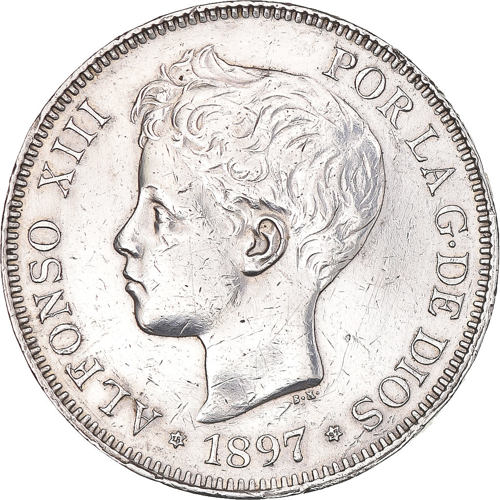 Moneda, España, Alfonso XIII, 5 Pesetas, 1897, Valencia, EBC, Plata, KM:707