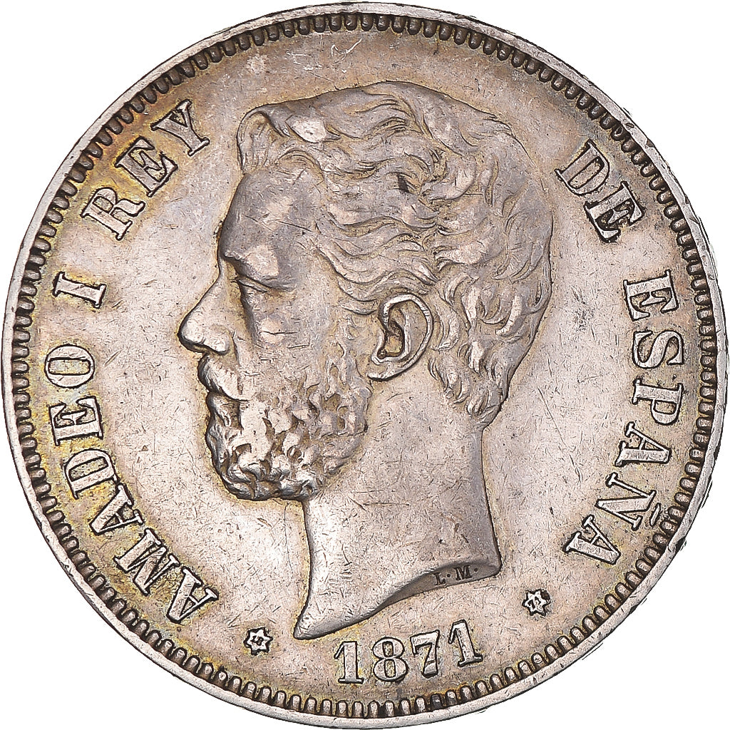 Moneta, Spagna, Amadeao I, 5 Pesetas, 1871, Madrid, BB, Argento, KM:666