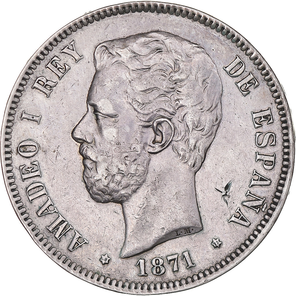 Monnaie, Espagne, Amadeao I, 5 Pesetas, 1871, Madrid, TTB, Argent, KM:666