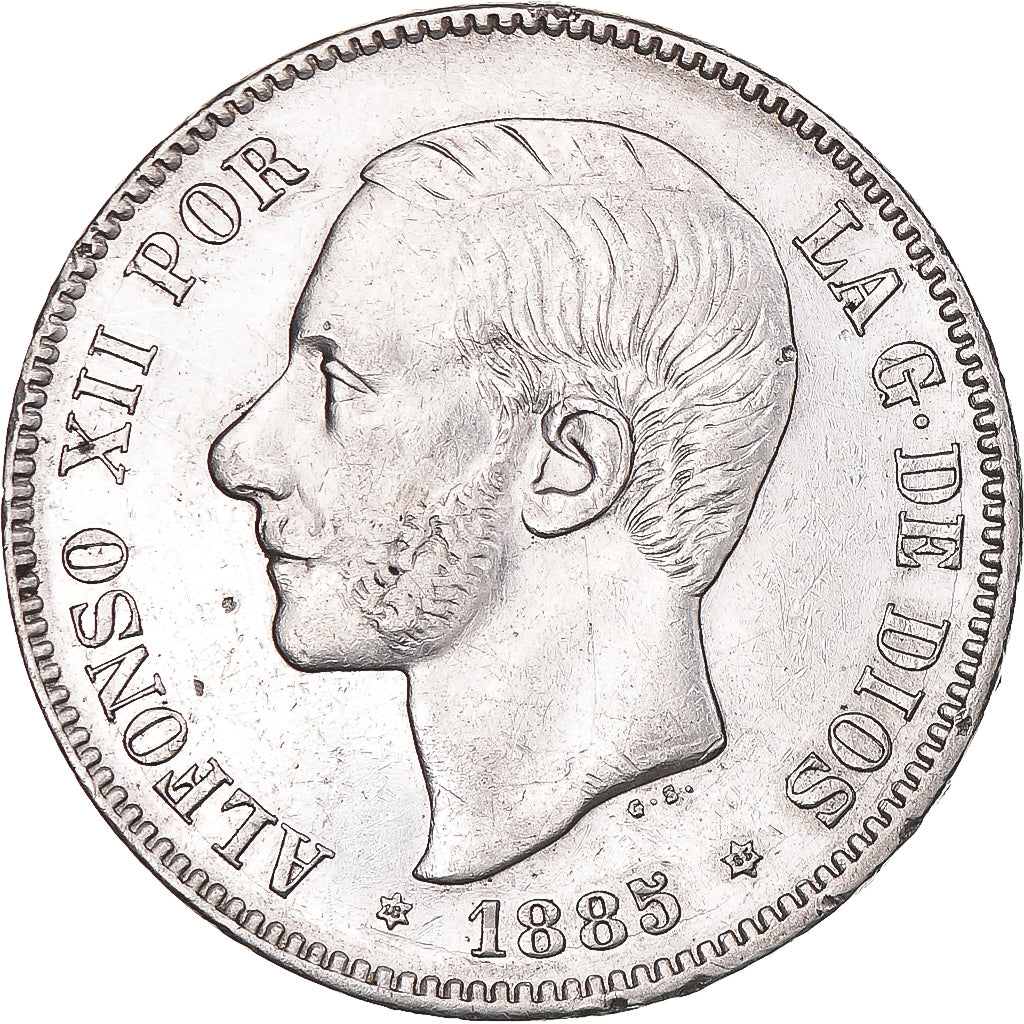 Moneta, Hiszpania, Alfonso XII, 5 Pesetas, 1885, Madrid, AU(50-53), Srebro