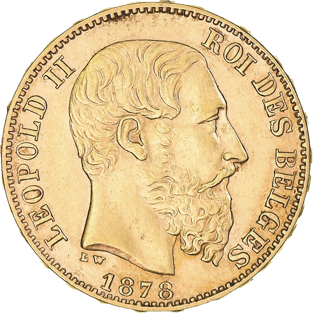 Moeda, Bélgica, Leopold II, 20 Francs, 20 Frank, 1878, AU(50-53), Dourado