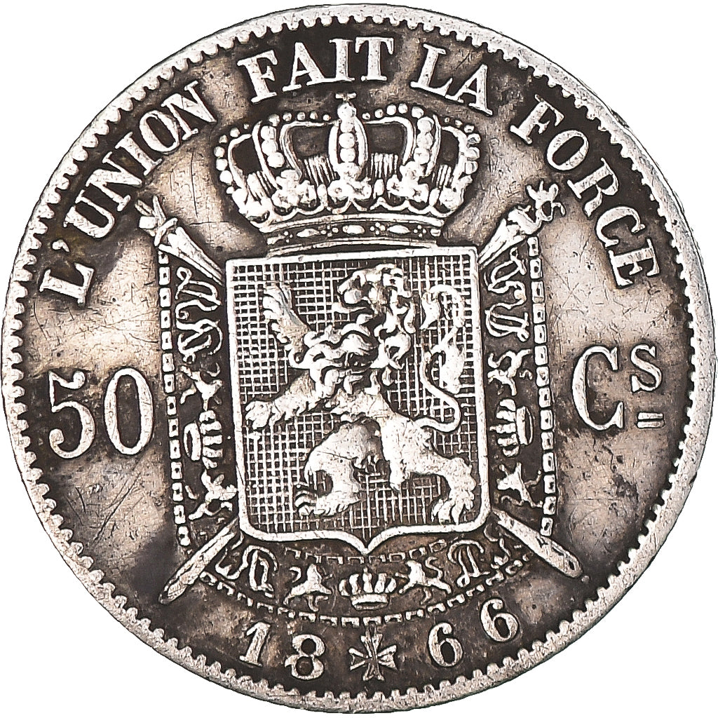 Coin, Belgium, Leopold II, 50 Centimes, 1866, Brussels, VF(30-35), Silver, KM:26