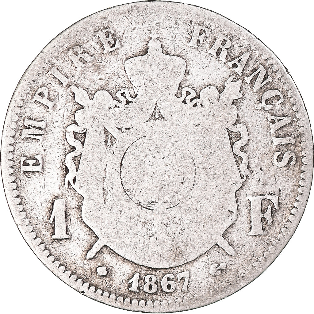 Moneta, Francia, Napoleon III, Franc, 1867, Strasbourg, B+, Argento, KM:806.2