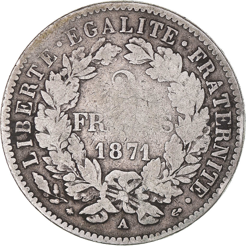 Moneda, Francia, Cérès, 2 Francs, 1871, Paris, BC, Plata, KM:817.1