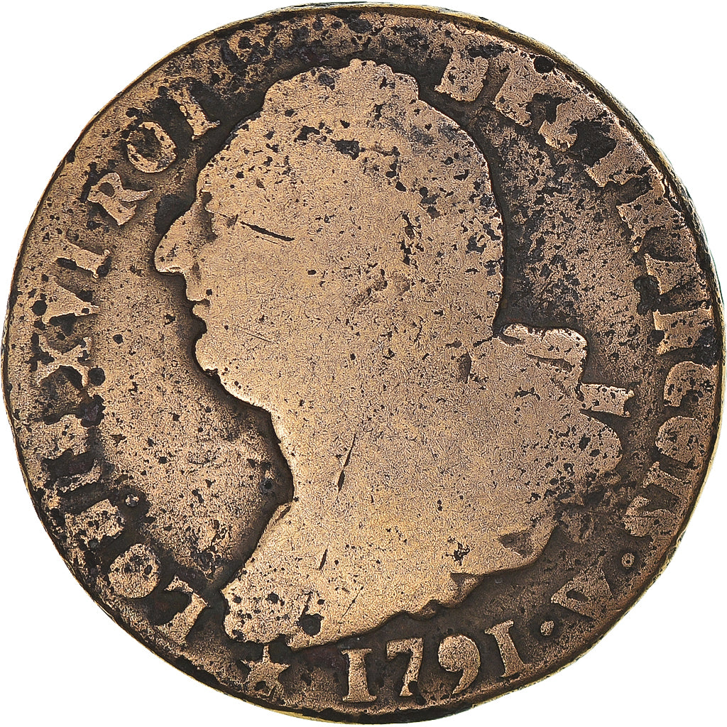 Coin, France, Louis XVI, 2 Sols, 1791, Lille, F(12-15), Métal de cloche