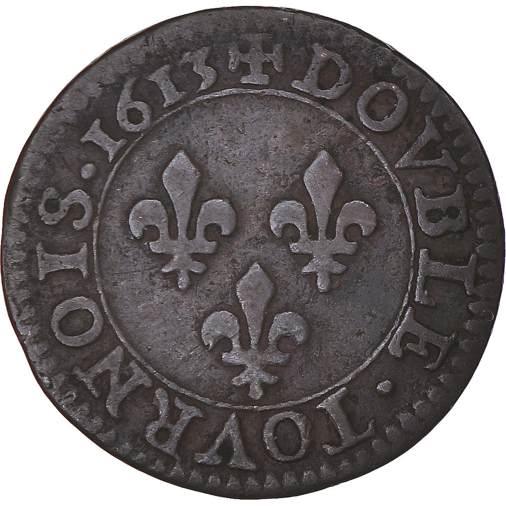 Moneta, Francia, Louis XIII, Double Tournois, 1613, Paris, MB, Rame, KM:43.1