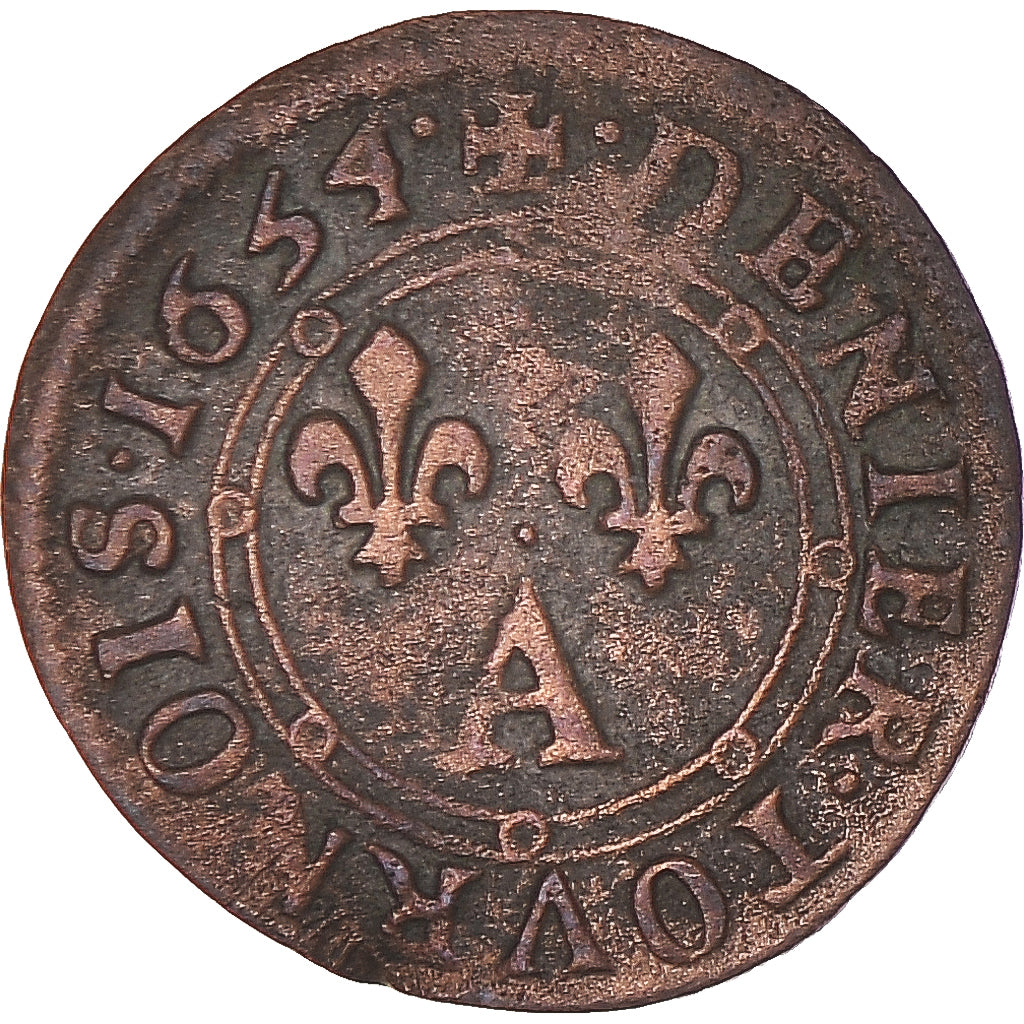 Monnaie, France, CHARLES II DE GONZAGUE, Denier Tournois, 1654, Charleville, TB