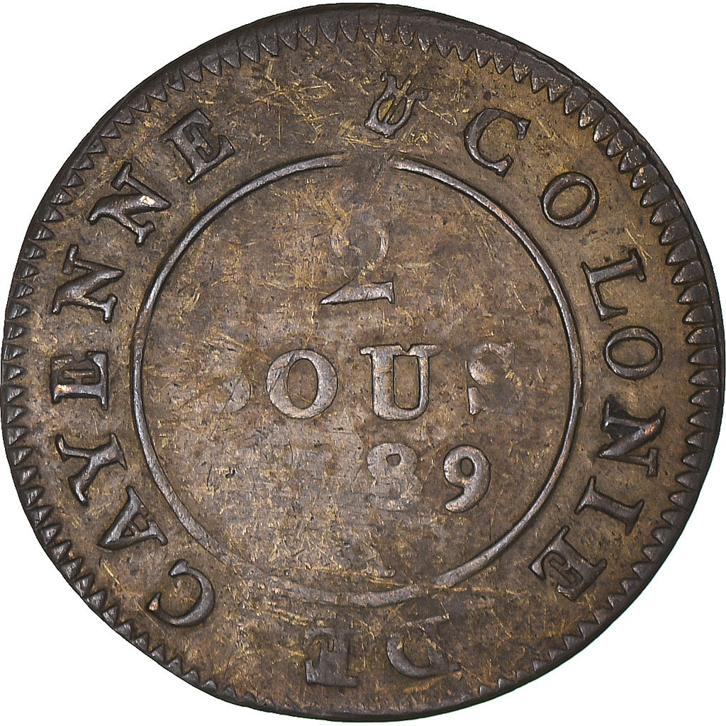 Coin, FRENCH GUIANA, Louis XVI, 2 Sous, 1789, Paris, VF(20-25), Billon, KM:1