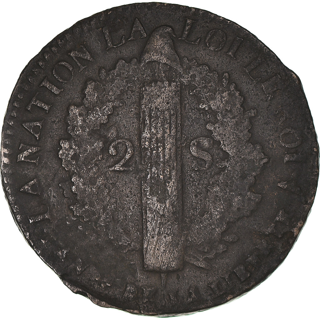 Coin, France, Louis XVI, 2 Sols, 1792, Arras, An 4, VF(30-35), Métal de cloche