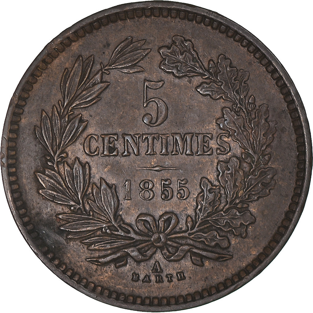 Monnaie, Luxembourg, William III, 5 Centimes, 1855, Paris, TTB+, Bronze, KM:22.2