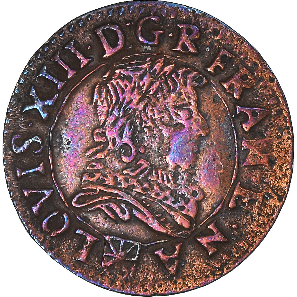 Monnaie, France, Louis XIII, Double Tournois, 1635, Saint Palais, TTB, Cuivre