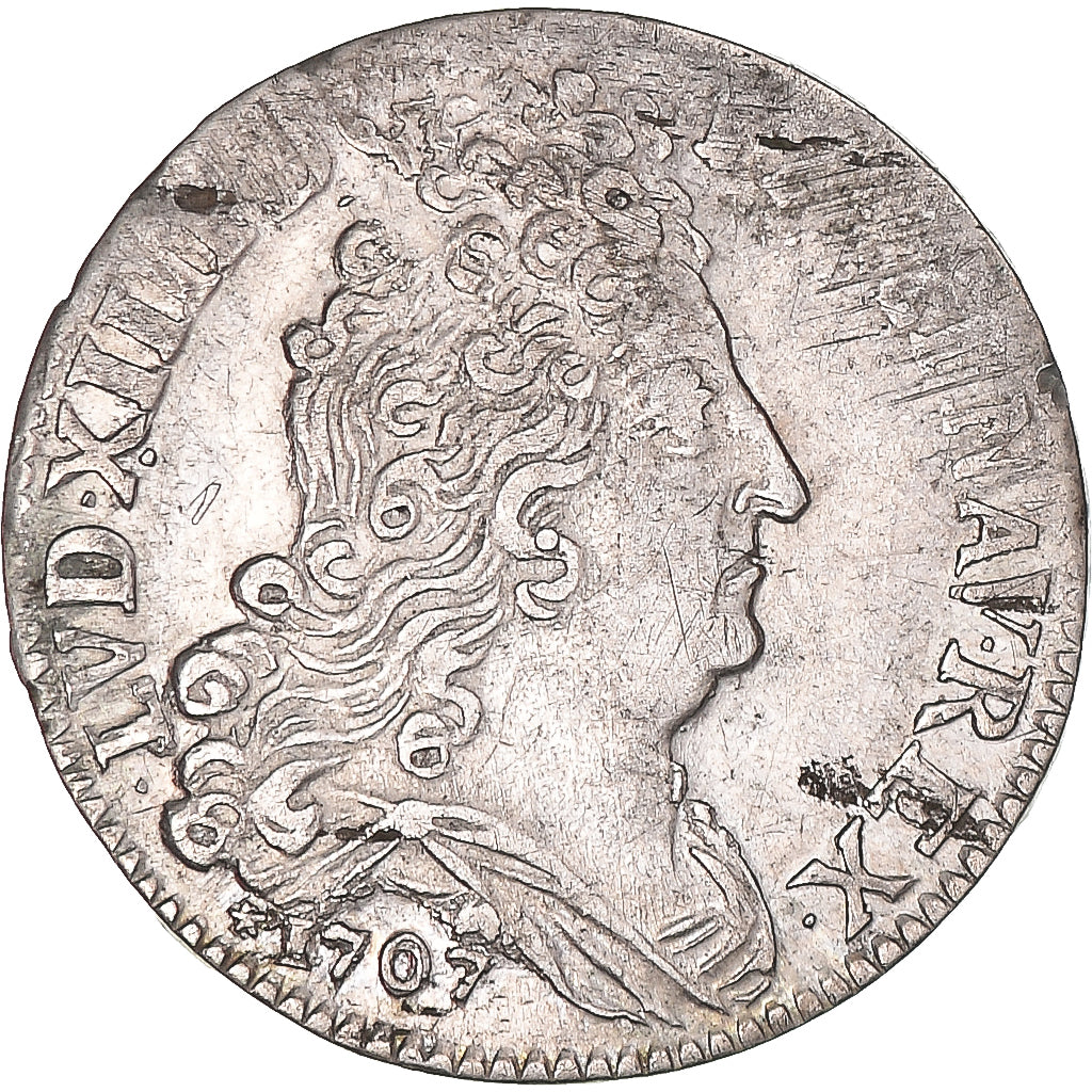 Moneta, Francia, Louis XIV, 10 Sols aux insignes, 1707, Lille, Rare, MB+