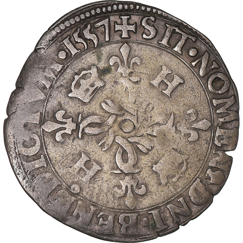 Moneta, Francia, Henri II, Douzain aux croissants, 1557, Rouen, Rare, MB+