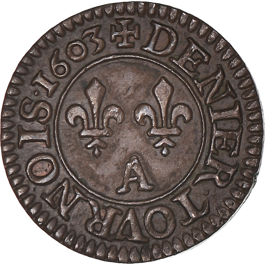 Coin, France, Henri IV, Denier Tournois, 1603, Paris, AU(50-53), Copper