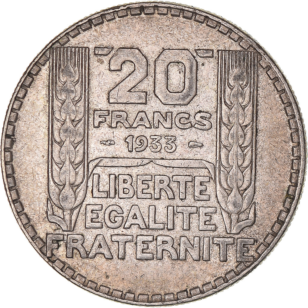 Moneda, Francia, Turin, 20 Francs, 1933, Paris, Rameaux longs, MBC, Plata