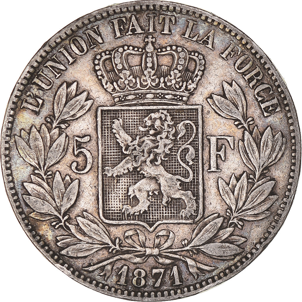 Moneta, Belgio, Leopold II, 5 Francs, 5 Frank, 1871, MB+, Argento, KM:24